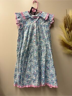 Girls' Blue Floral Casual Dress with Pink Trim